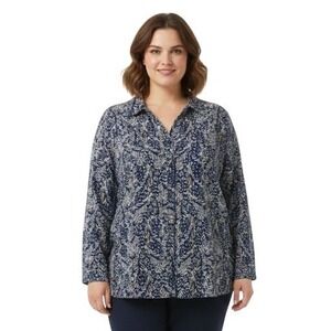 Catherines Plus Size‎ 3XWP Blue White Leaf Print Button Front Long Sleeve Shirt
